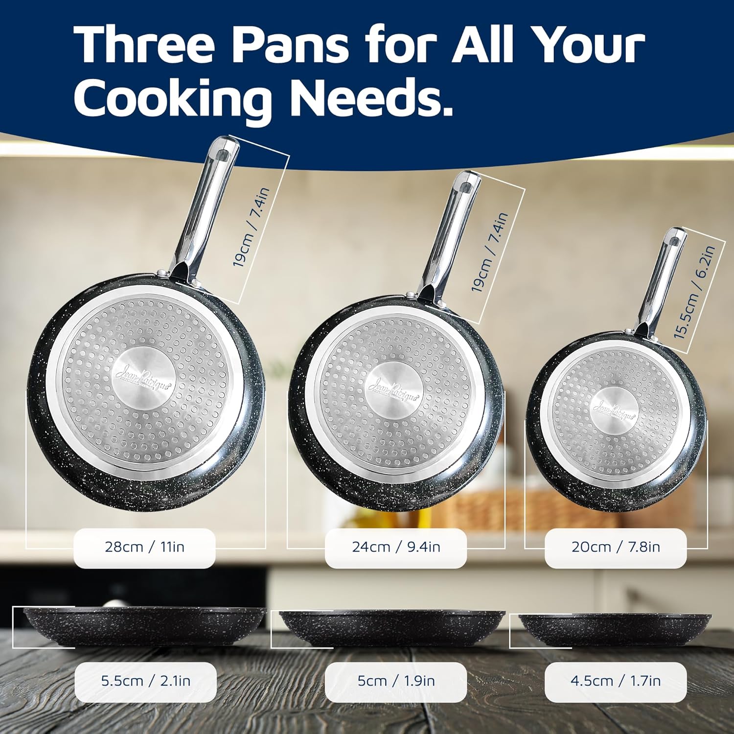 Stonetastic Non Stick Frying Pans – 3-Pack Granite Coating Stainless Steel Pans - Oven Safe Induction Cookware (7.8, 9.4, and 11 inch)