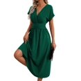 thumbnail image 2 of Womens Solid Color Overlap V Neck Batwing Sleeve Waist Pleated Long Elegant Dress Maxi Green XL, 2 of 10