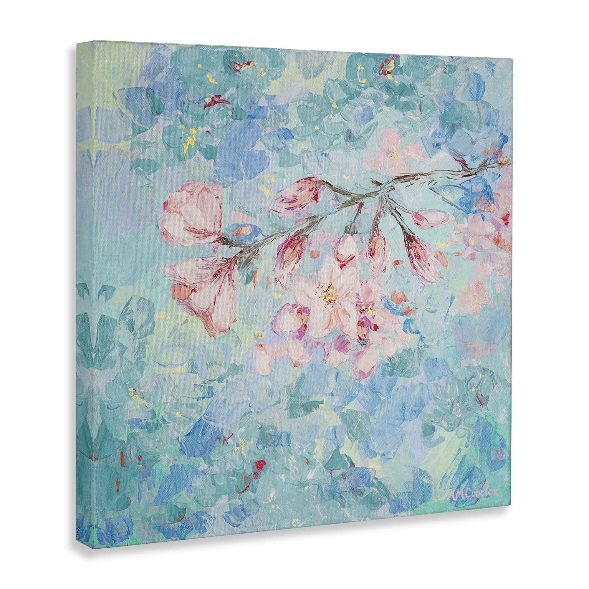 Stupell Industries Cherry Blossoms on Blue Plants & Flowers Painting Wrapped Canvas Art Print Wall Art, 30 x 30
