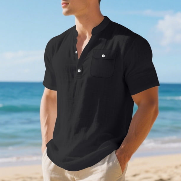 Ceisia Men's Slim Fit Short Sleeve Henley Shirt with Chest Pocket Casual Summer Top Black L Gifts