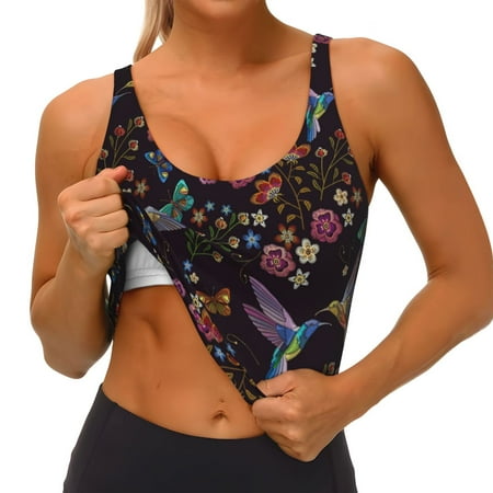 Qokaie Humming Bird And Tropical Flowers Pattern Womens Scoop Neck Sports Bra Breathable Workout Vest Padded U Back Medium Impact Fitness Gym Yoga Bra Workout Crop Top