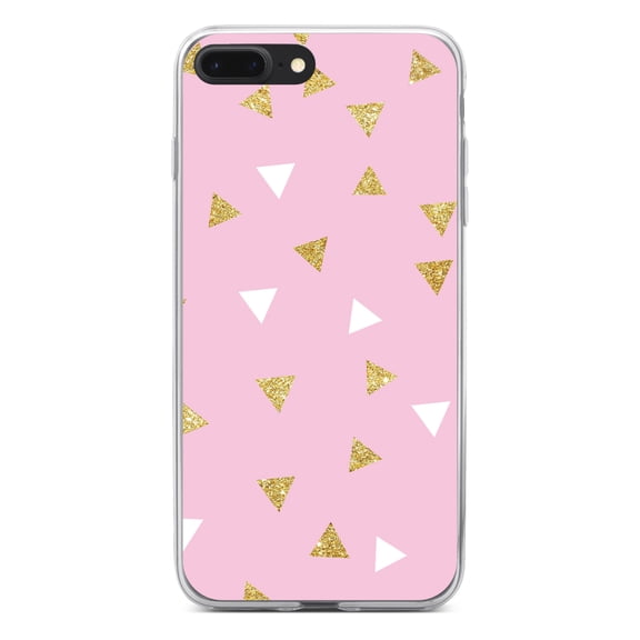 DistinctInk Clear Shockproof Hybrid Case for iPhone 7 PLUS / 8 PLUS (5.5" Screen) - TPU Bumper, Acrylic Back, Tempered Glass Screen Protector - Pink & Gold Print - Triangles Pattern