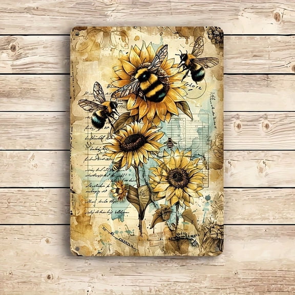 HELLOYOUNG Vintage Metal Tin Sign Sunflower Bee Wall Art 11.9x7.9 Inch Rustic Farmhouse Decor for Living Room Bedroom
