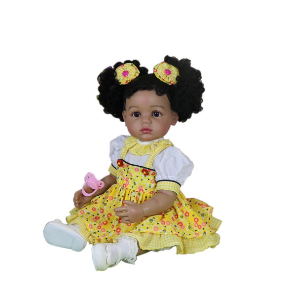 Muñeca Reborn Realista - 22 Pulgadas Soleada -muñeca Chica Africana con Cabello Enraizado y Vinilo Completo, Piel Marrón Oscuro, Vestido Verde, Tema de Fantasía