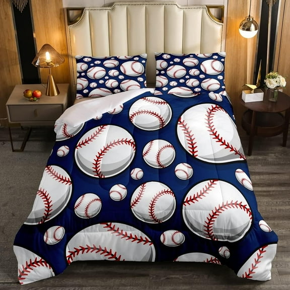 Baseball Bedding Set Sports Theme Comforter Set Teens 3D Blue Ball Pattern Comforter Breathable Baseball Games Duvet Set Room Decor Quilt Set Queen Size