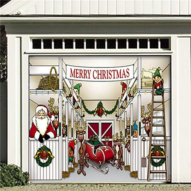 My Door Decor 285903XMAS-006 7 x 8 ft. Santas Reindeer Barn Holiday Door Mural Sign Banner Decor, Multi Color