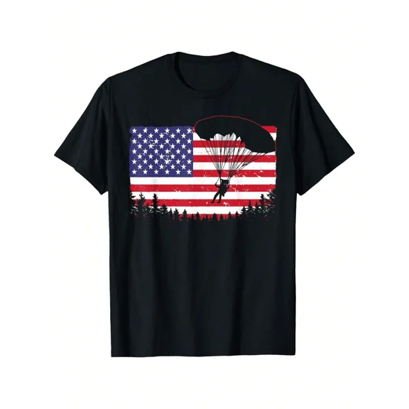 children’s wear Retro American Flag Paratrooper Skydiver T-Shirt for Boys and Girls, Patriotic USA Flag Parachute Graphic Tee for Kids, Vintage Military Style Skydiving Top for Child