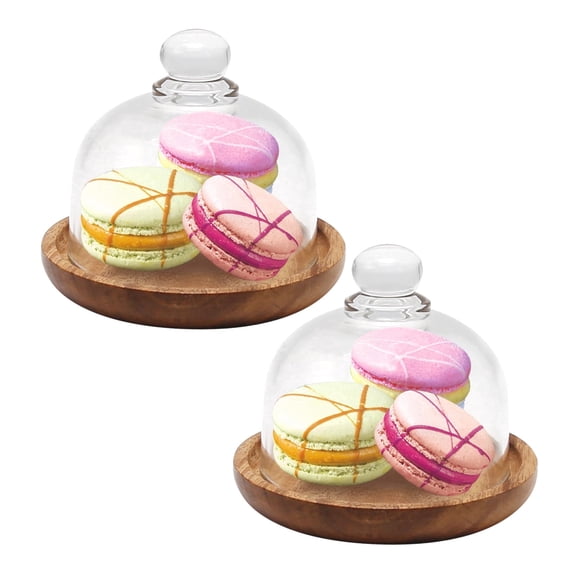 2 Pack Mini Cake Stand with Glass Dome, Acacia Wood Base 4.1 Inch Small Dessert Display Tray, 2‑in‑1 Serving Platter for Cupcake, Macaron, Cheese, Candy, Wedding Birthday Party Kitchen Decor