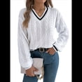 thumbnail image 1 of Suéter Informal de Larga con Cuello en V para Mujer, Jersey de Rayas Moderno de Punto , Suéteres Preppy. L, 1 of 10