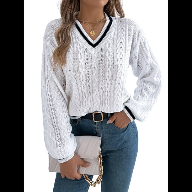 Suéter Informal de Larga con Cuello en V para Mujer, Jersey de Rayas Moderno de Punto , Suéteres Preppy. M