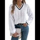 thumbnail image 1 of Suéter Informal de Larga con Cuello en V para Mujer, Jersey de Rayas Moderno de Punto , Suéteres Preppy. M, 1 of 10