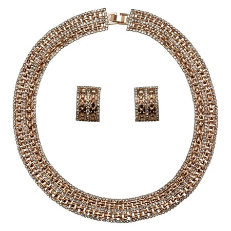 Faship Brilliant Clear Crystal Rose Gold Plated Panther Link Choker Necklace Earrings Set - Clear/Rose Gold