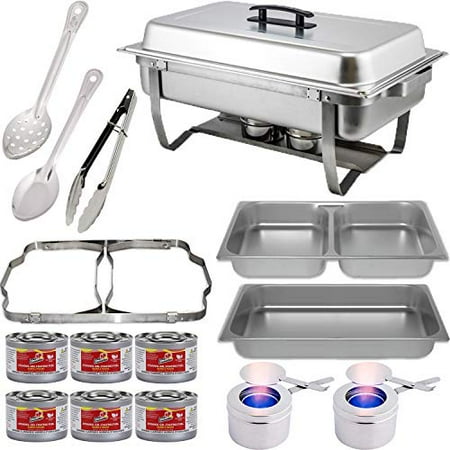 Chafing Dish Buffet Set w/Fuel — Folding Frame + Divided pan (4qt x 2)+ Full Pan (8 qt) Water Pan + Fuel Holders + 6 Fuel Cans + Serving Utensils (11” Solid & Perforated Spoon + 9” Tongs) Warmer kit