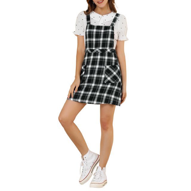 Vestido de tirantes A-Line con botones decorativos de cuadros para mujer Chic M Negro