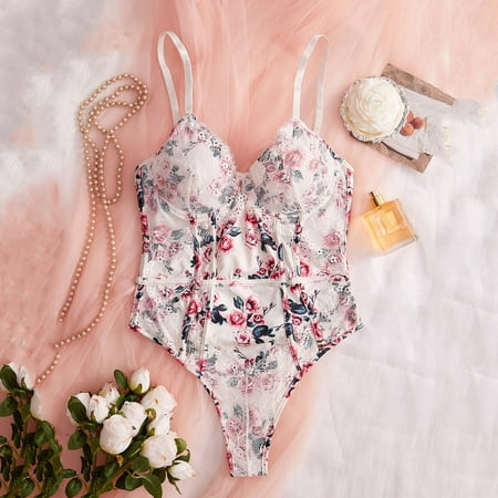 uublik Comfy Lingerie for Women Set Valentine s Day One Piece Nightwear Lace Nightgown Bodysuit Chemise Sleepwear Pink M