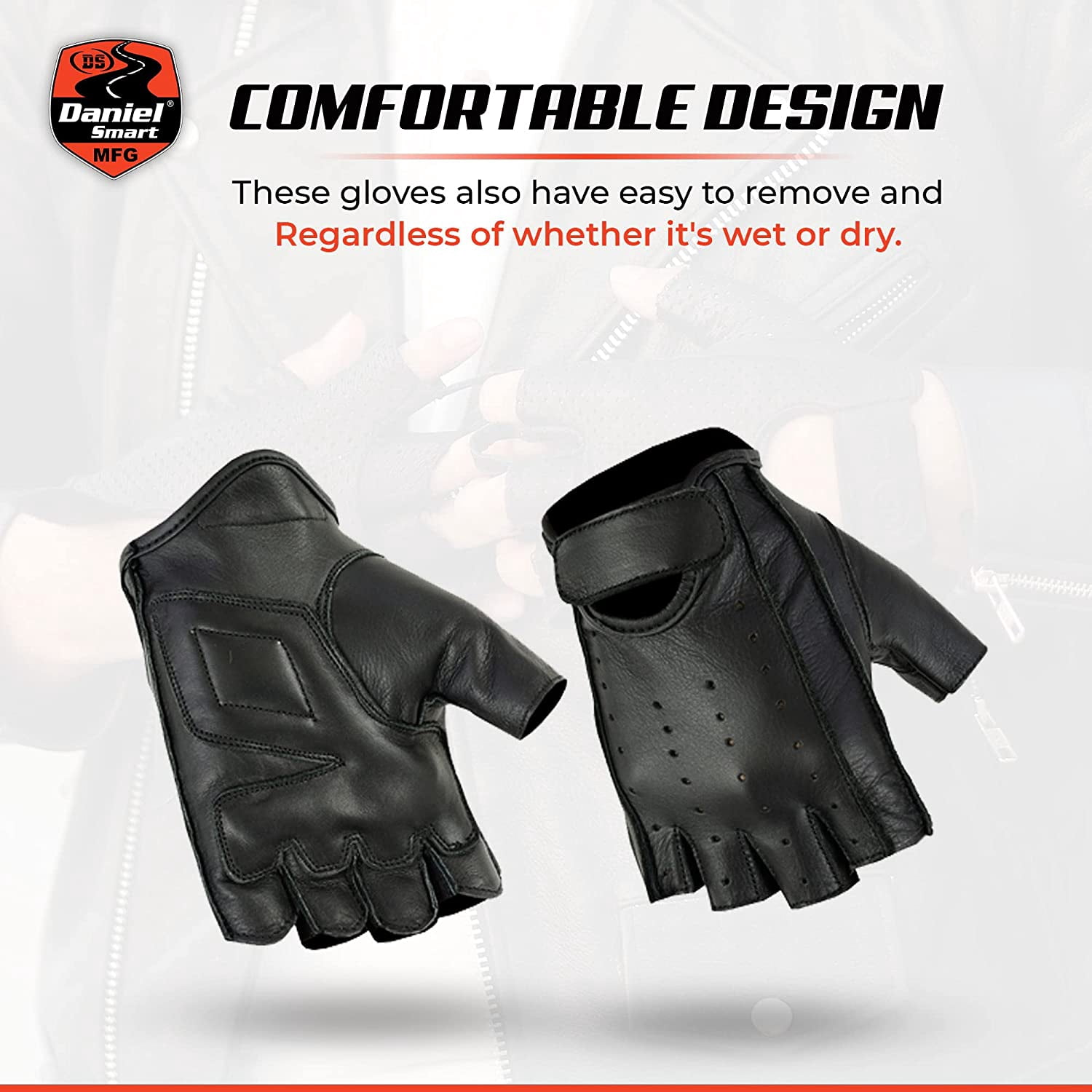 Daniel Smart Men’s Leather Gloves – Naked Cow Leather - Fingerless Motorcycle Gloves with Perforated action and Leather Palm