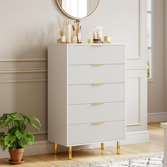 Litake White Dresser, Modern 5 Drawer Dresser for Bedroom with Gold Handle and Large Drawer, Wood Double Chest of Drawers and Storage Organizer for Living Room, Hallway, Entryway