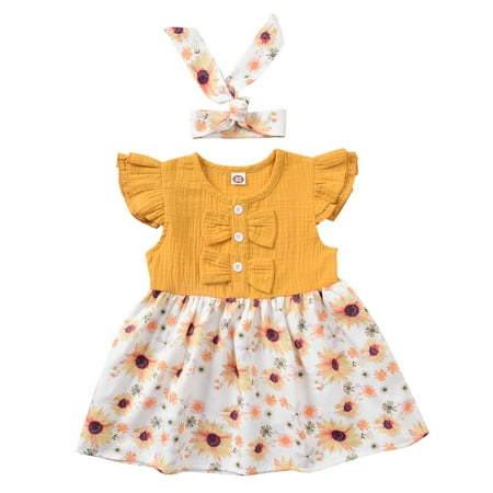 

NECHOLOGY Vintage Dress Toddler Girl Print Outfits Princess Bowknot Floral Dress Girls Headbands Baby Girls Pageant Dresses Dress Yellow 3-6 Months