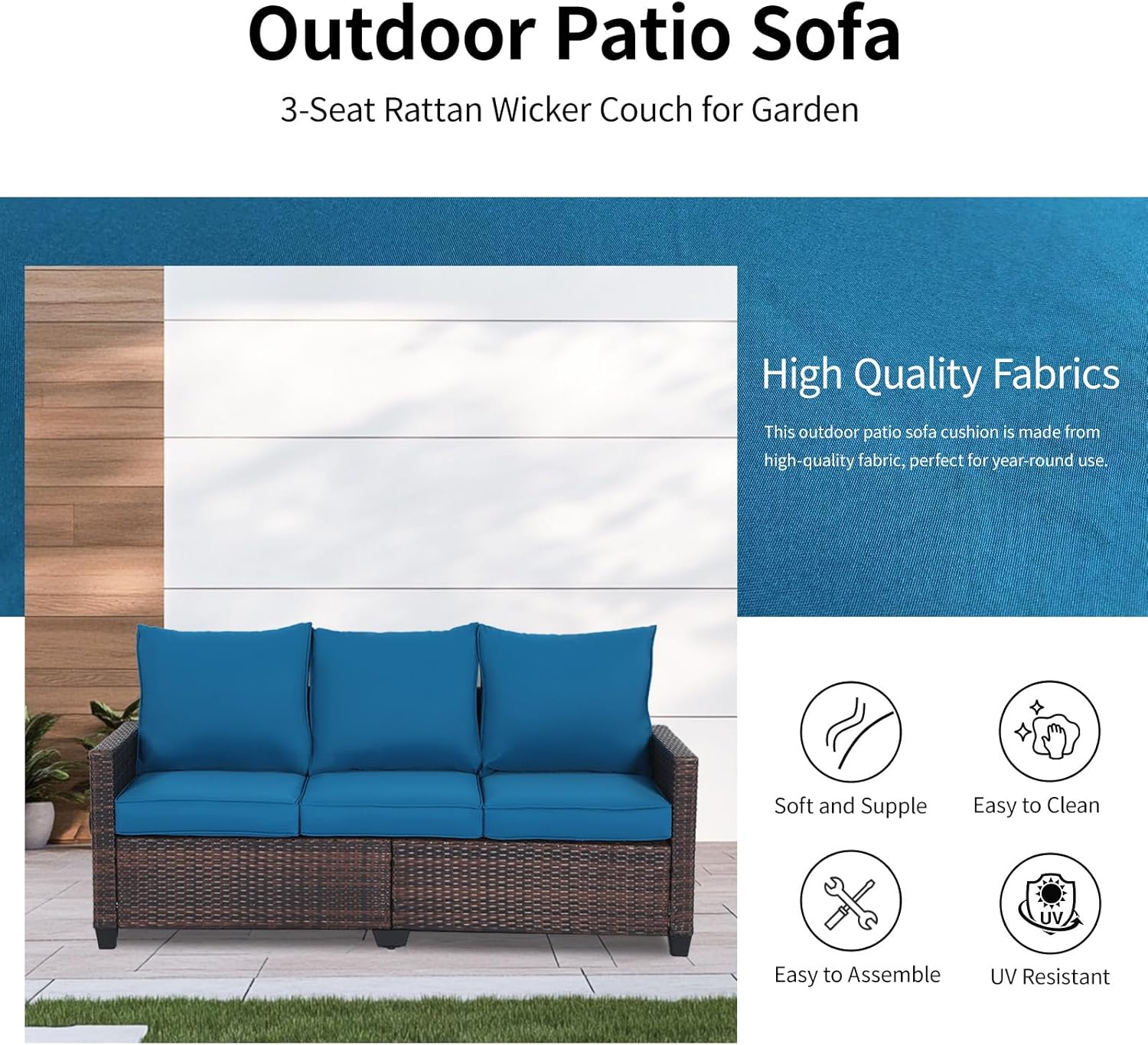 EortheX Outdoor Patio Sofa, 3-Seat Rattan Wicker Couch for Garden Deck or Porch, Comfortable All-Weather Patio Furniture with Anti-Slip Cushions (Beige)