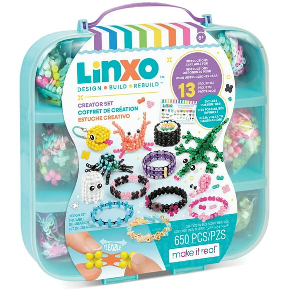Make It Real: LinXo Creator Set - 650 pcs, DIY 13 Projects, Jewelry & Collectible Figures, Design-Build-Rebuild, Flexible Pieces, Girls & Kids Ages 6 