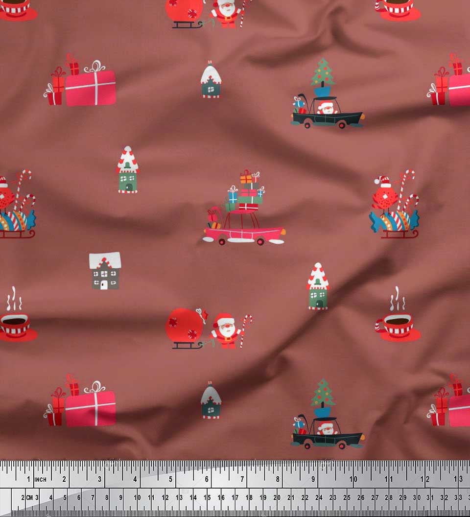 Soimoi Silk Fabric House,Gift Box & Santa Christmas Printed Craft Fabric by the Yard 42 Inch Wide