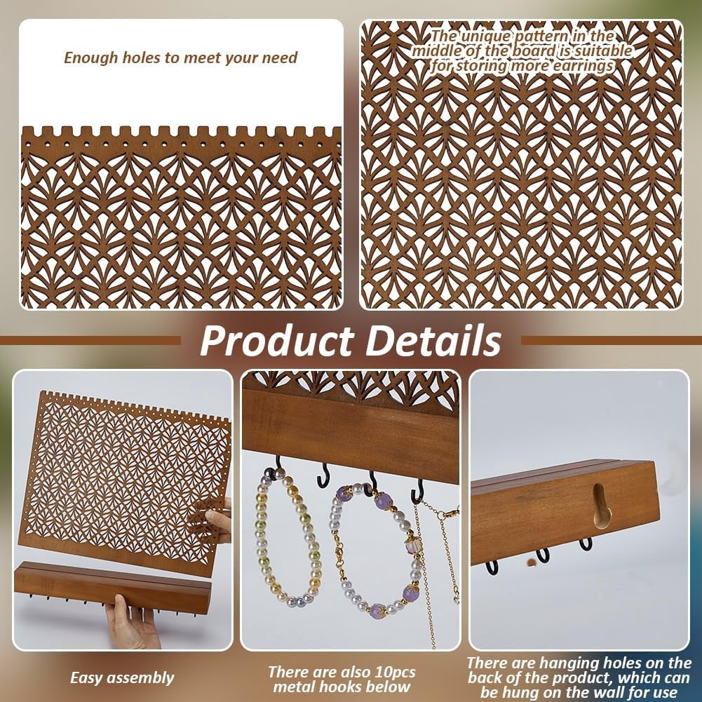 Wood Wall-Mounted Jewelry Hanging Racks Saddle Brown Jewelry Holder with Hanger Hooks Wooden Wall Hanging Organizer