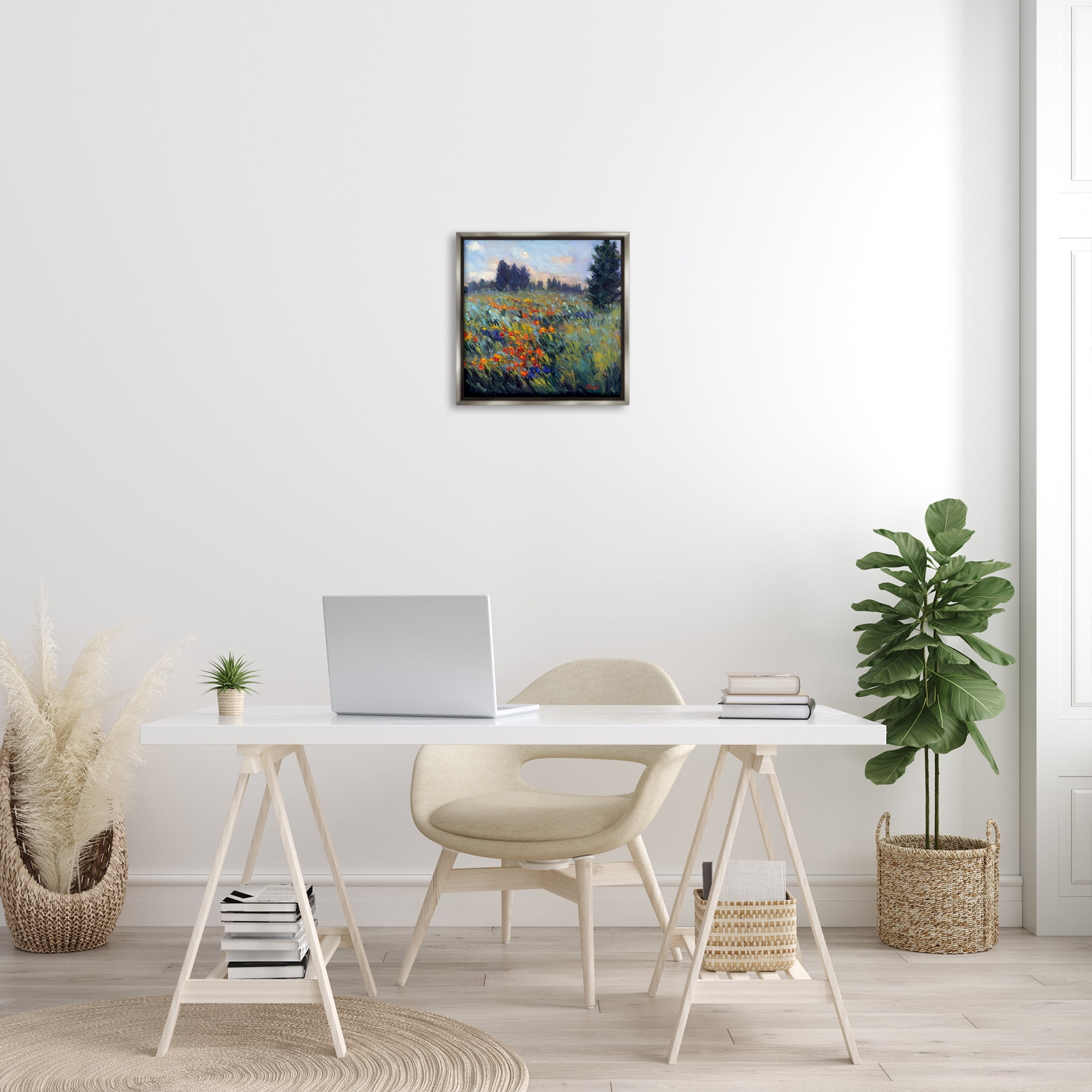 Stupell Industries Flower Meadow Landscape Landscape Painting Gray Floater Framed Canvas Art Print Wall Art, 18 x 18