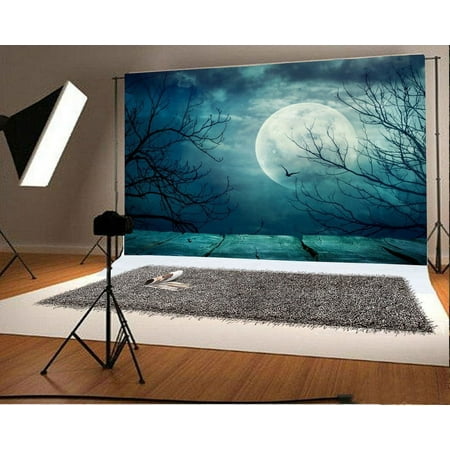 Image of HelloDecor 7x5ft Halloween Backdrop Horror Moon Night Flying Bat Old Tree Branch Rustic Wood Plank Costume Party Photography Background Kids Children Adults Photo Studio Props