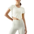 thumbnail image 2 of Arvbitana Women Solid Color Yoga T-Shirts Short Sleeve Round Neck Asymmetrical Hem Slim Workout Crop Tops Running Training Clothes, 2 of 3