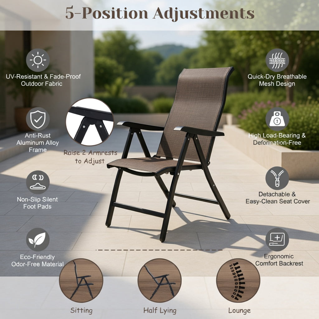Hommoo 2-Pack Foldable Outdoor Rattan Reclining Patio Chairs, Adjustable Backrest, Weather-Resistant PE Wicker & Heavy-Duty Steel Frame for Backyard, Poolside & Garden, Brown
