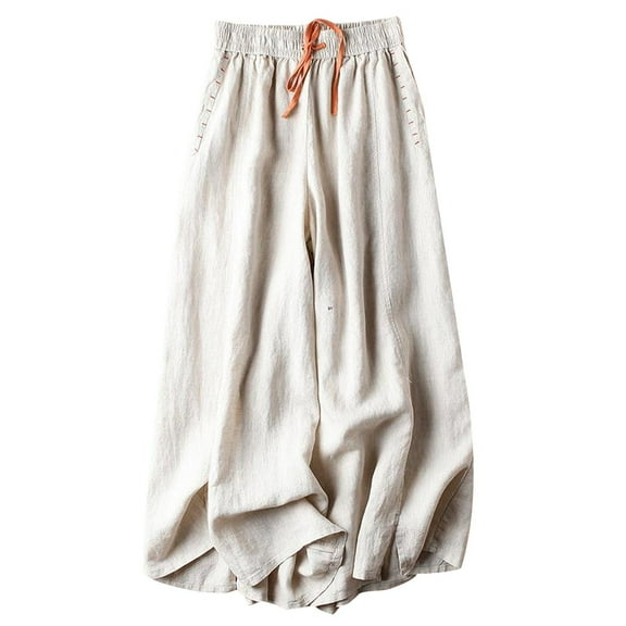 Summer Savings Clearance! Edvintorg Womens Wide Leg Palazzo Pants Casual Loose Yoga Sweatpants Summer Solid Linen Loose And Thin Lace Up Comfy Lounge Cropped Pants White XL