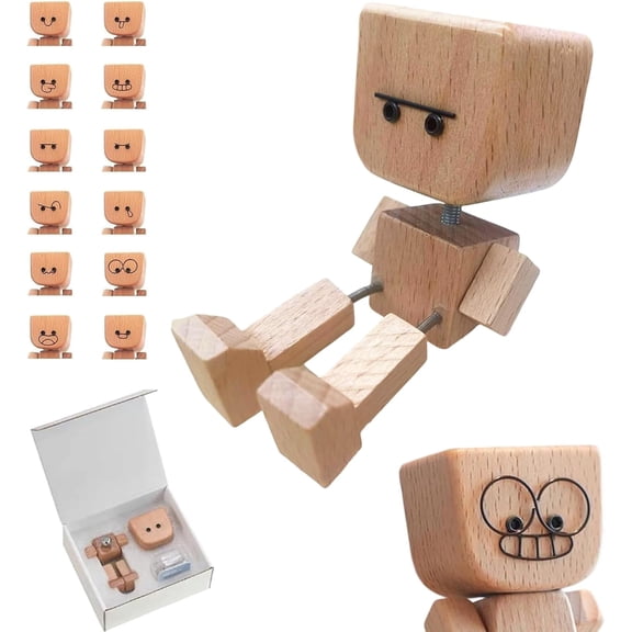 Shaking Wooden Man Figurine, Shaking Feet Woodens Doll with 12Pcs Magnetic Expressions, Handmade Shaking Wooden Man Car Dashboard Decorations