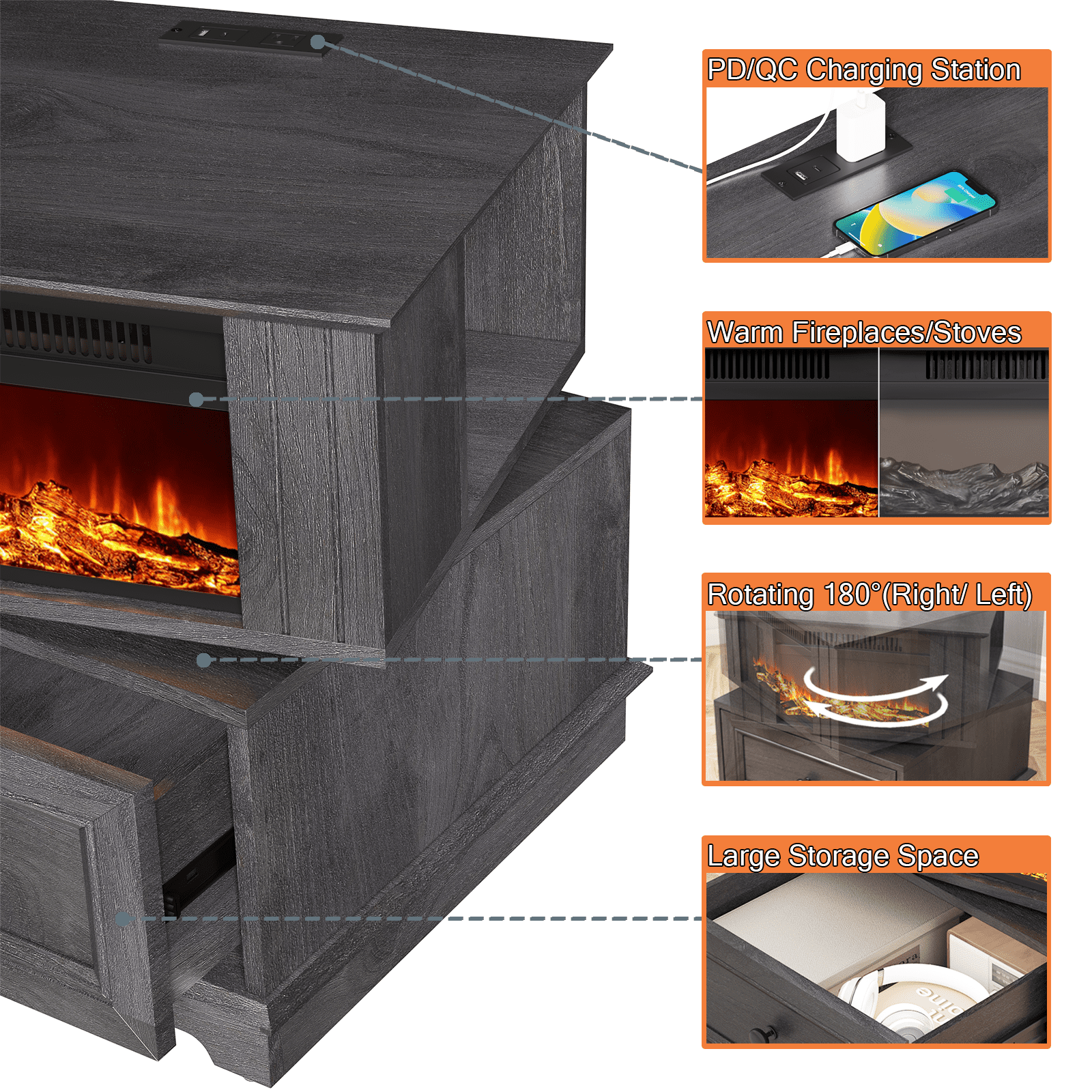 REDAYFUR Rotating End Table with 13" Electric Fireplace Screens, Side Table with Fast Charging Station, 1400W Fireplace Wooden Side Table for Living Room|Bedroom|Office, Dark Gray