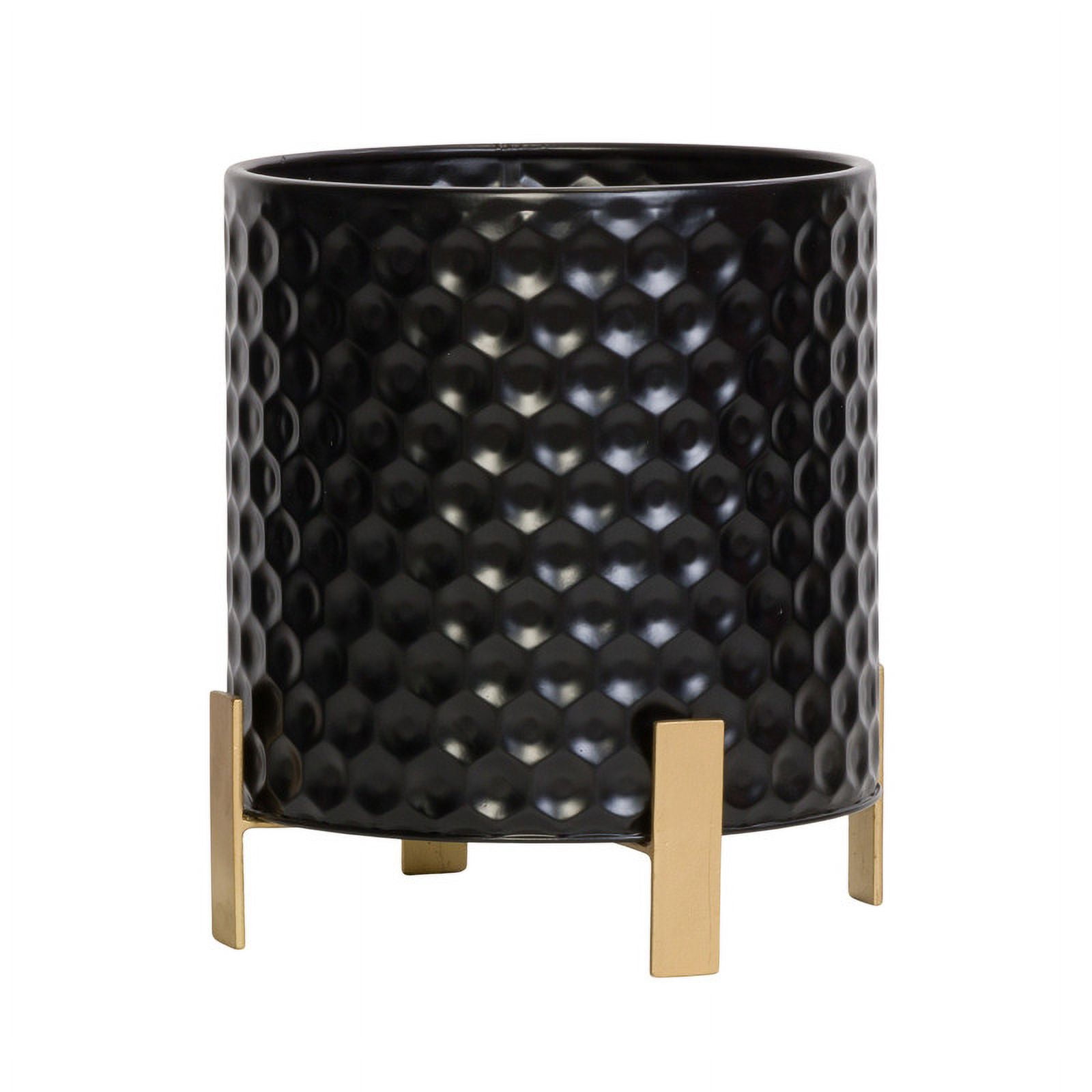Honeycomb Metal Planter Pot With 4-Leg Gold Metal Base - Black - 12"H x 11"W
