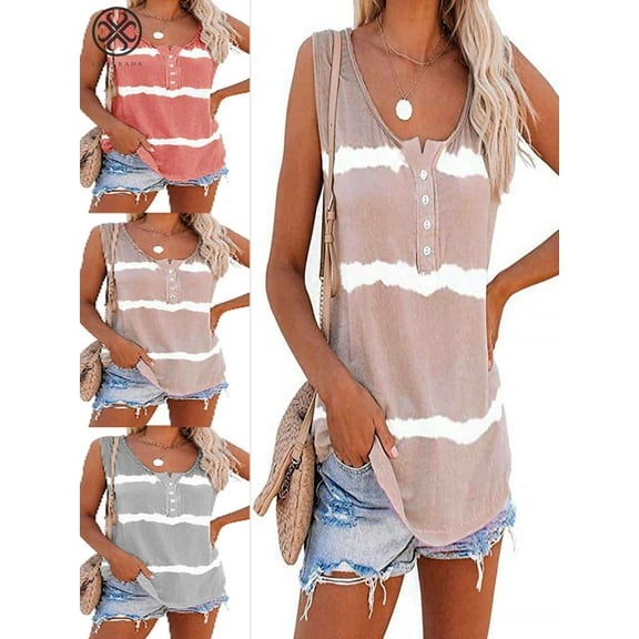 Luxtrada Women's Tie Dye Vest Plus Size Tank Tops Summer Sleeveless Shirts Loose Blouse Khaki,L