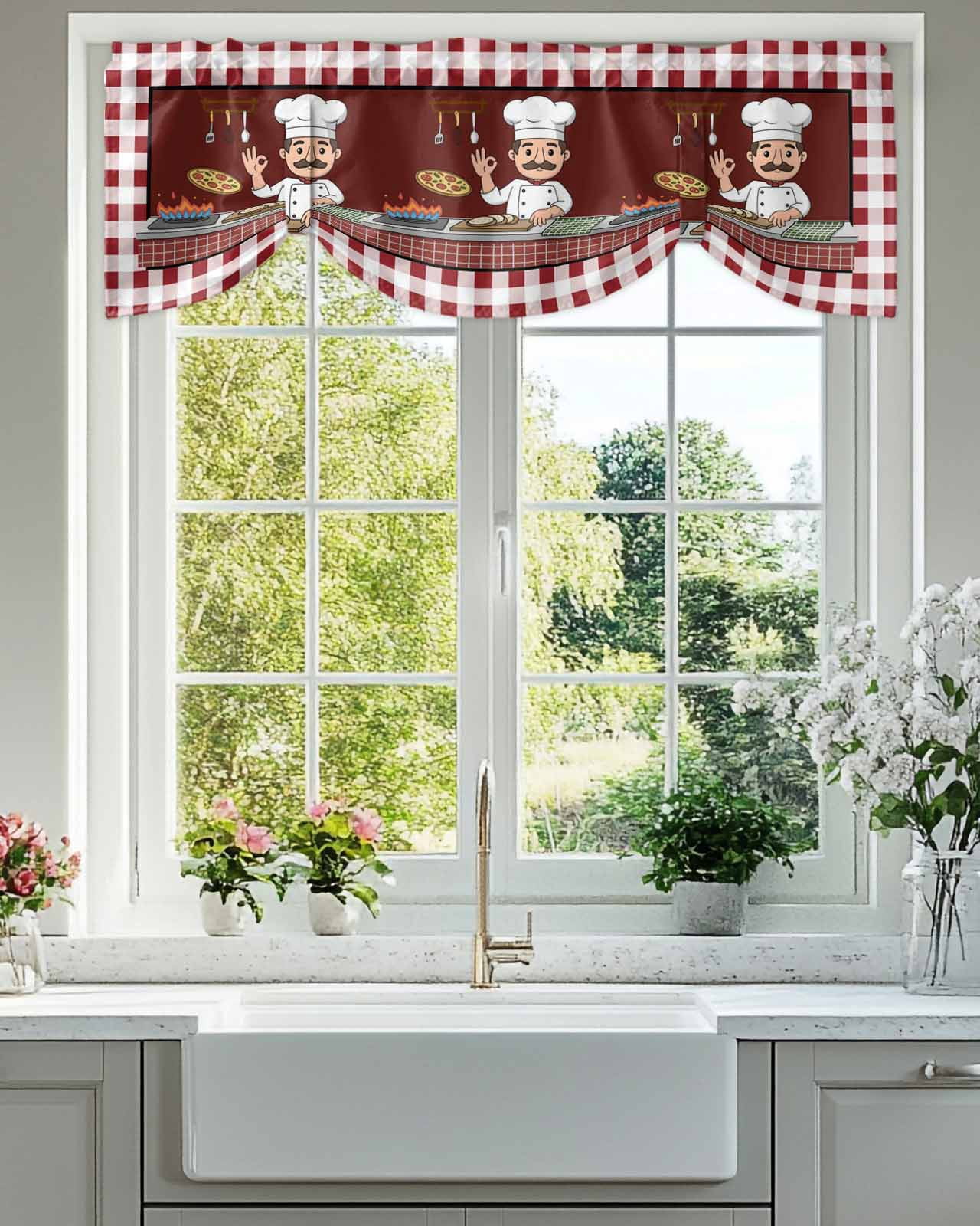Chef Gourmet Kitchen Tie Up Valances Curtain, Adjustable Kitchen Knife And Fork Red Plaid Valances for Windows Decor, Rod Pocket Short Curtains Set for Bedroom/Bathroom, 54"x18"