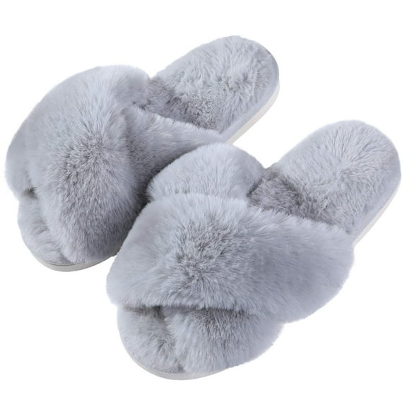 Litfun Women's Fuzzy Slippers Open Toe Cross Band Slippers Memory Foam House Slippers for Women, Grey