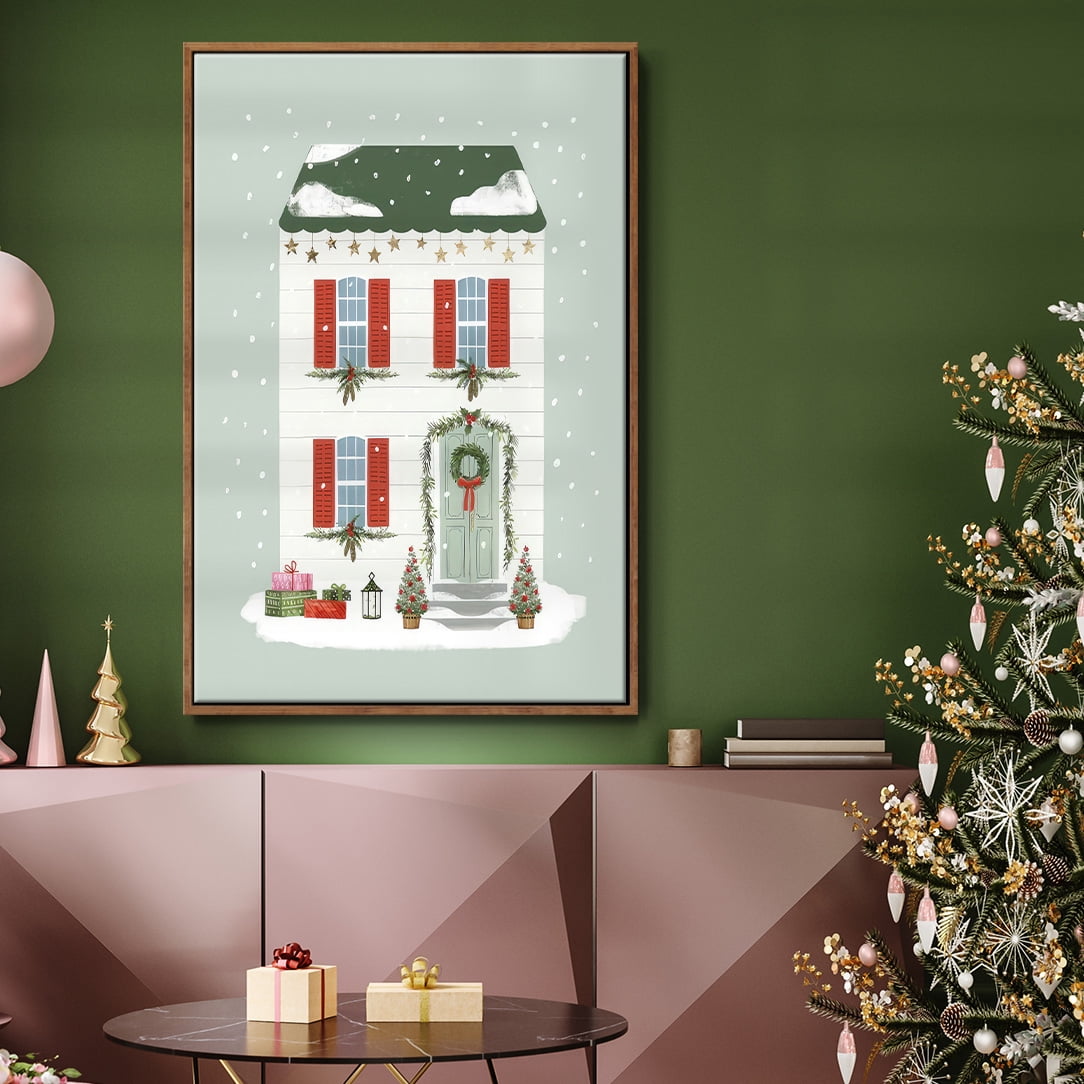 Festive Front Door IV - Framed Gallery Wrapped Holiday Canvas - 25 x 37 - Rosewood Frame