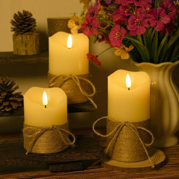 HomWamee Velas sin Llama, Cuerda de Cáñamo Parpadeante con Control Remoto Temporizador-3D, Juego de 3 a Batería