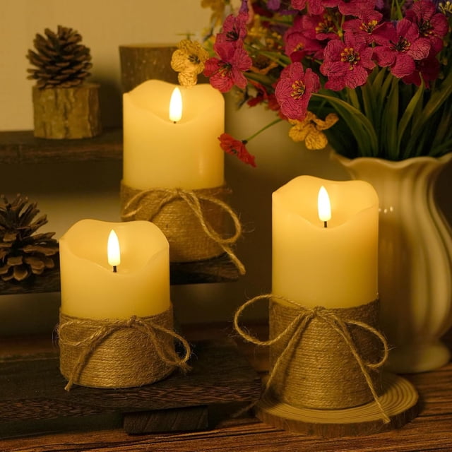 HomWamee Velas sin Llama, Cuerda de Cáñamo Parpadeante con Control Remoto Temporizador-3D, Juego de 3 a Batería