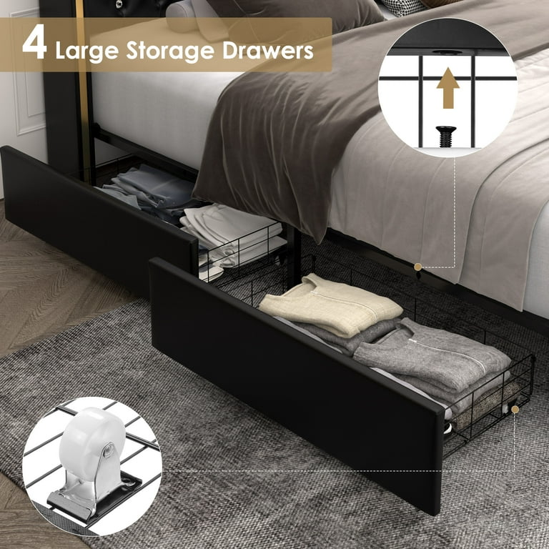 Homfa Faux Leather Storage Platform Bed Frame, Full Black Bed Frame with 4  Drawers, Upholstered with Adjustable Headboard 