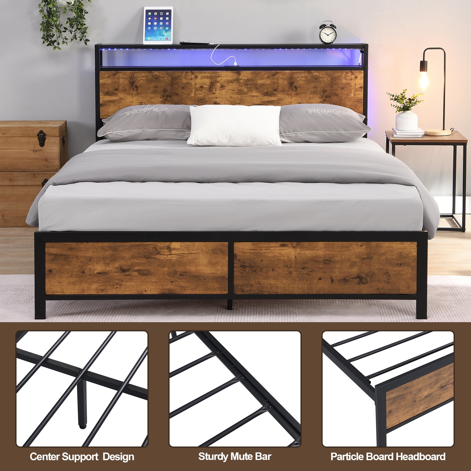 Leumius Full Size Bed Frame with LED Lights and 2 USB Ports,Industrial Platform Bed with Under-Bed Storage and Wooden Headboard,Noise Free,Rustic Brown