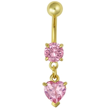 14kt Gold Plated Surgical Steel Pink CZ Dangle Belly Button Ring with Crystal Heart Charm