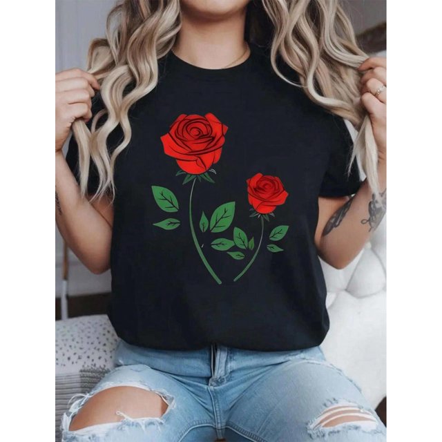 100% Cotton Rose Print Crew Neck T-Shirt, Casual Short Sleeve Top, Women's Clothing Shirts