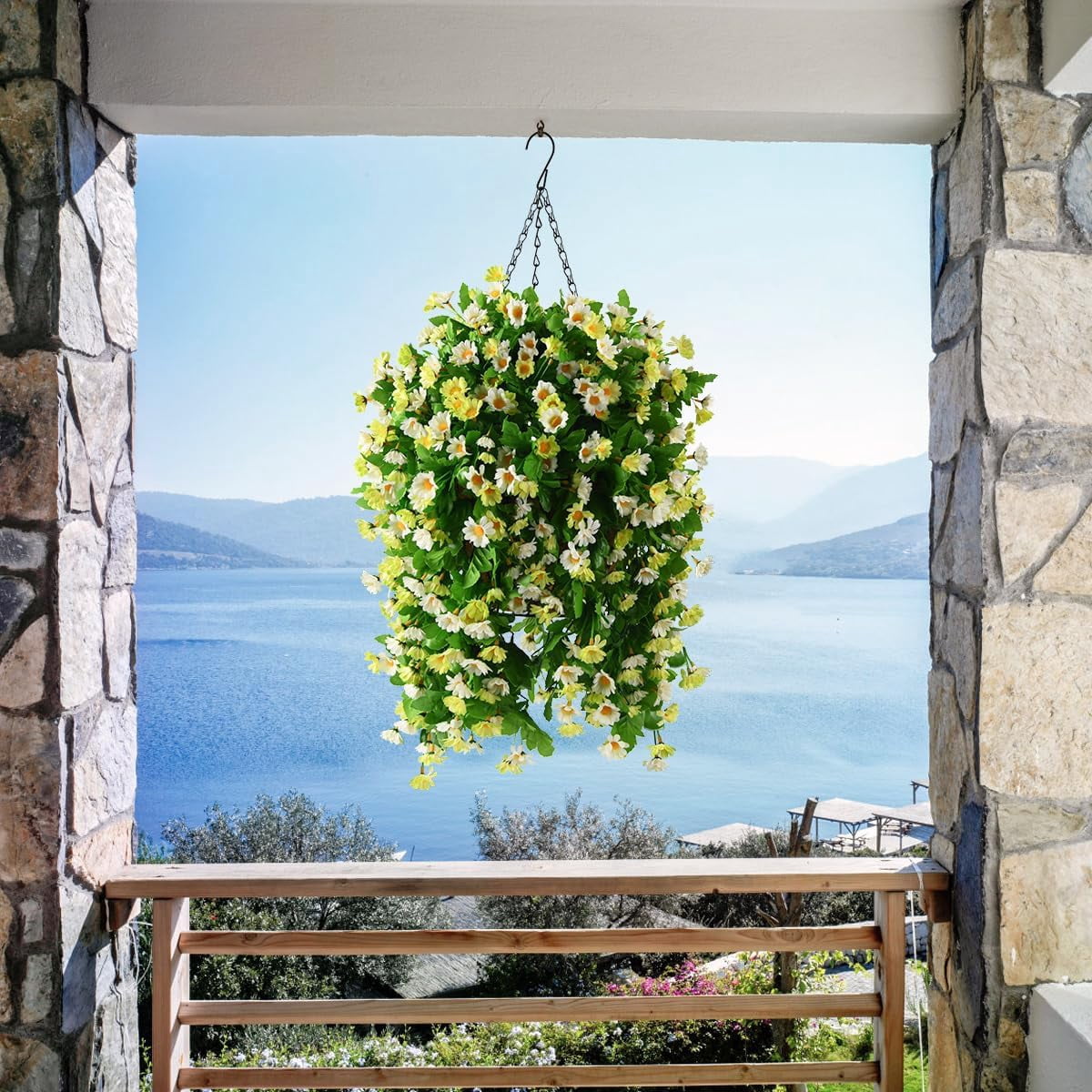 Artificial Silk Flowers in Hanging Basket Outdoor Indoor Garden Decor,Hanging Daisy Flowers with 12inch Coconut Lining Chain Palm Flowerpot(White Green)