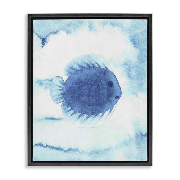 Stupell Industries Coastal Round Blue Fish Black Floating Frame Canvas Art, 17 x 21, by Camila Juncos