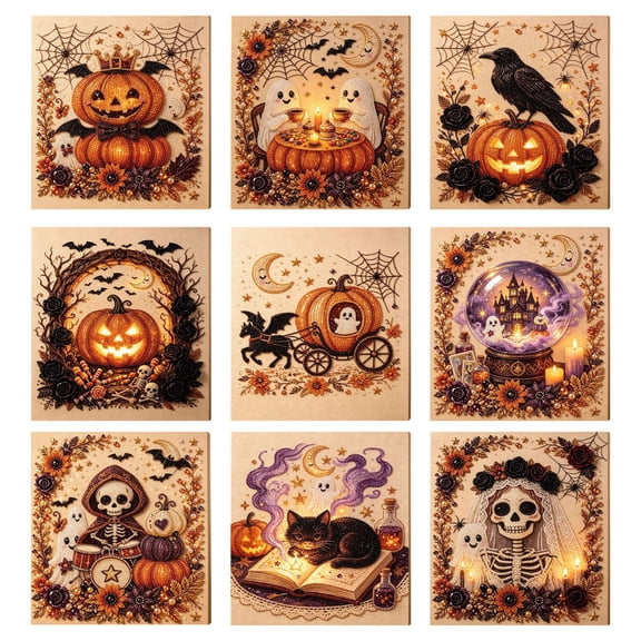 Vintage Fall Halloween Diamond Painting DIY Kit, Pumpkin Cat Skeleton Crow Crystal Rhinestone Canvas, Autumn Harvest Handcraft Wall Decor Set for Adults