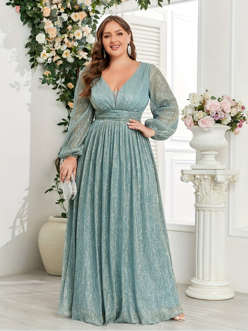 Beauty-Emily Plus Size Women's V-Neck Long Sleeve Sparkling Fairy Maxi Dress, Elegant Formal Gown for Wedding, Prom, Bridesmaid, Party Beauty-Emily Plus Size Women's V-Neck Long Sleeve Sparkling Fairy Maxi Dress, Elegant Formal Gown for Wedding, Prom, Bridesmaid, Party