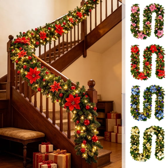 8.9ft Pre-Lit Christmas Garland with LED Lights,Artificial Conifer Mantel Staircase Door Xmas Holiday Decor