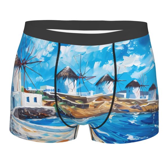 Balery Greek Island Windmills Painting Men's Boxer Briefs, Soft and Breathable Cotton Underwear with nylon Waistband-XX-Large
